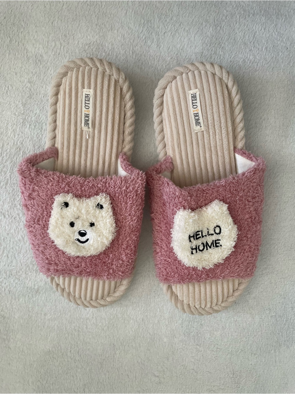 Pink Fuzzy Bear Slide Slippers - "HELLO HOME" fits sizes 8-9